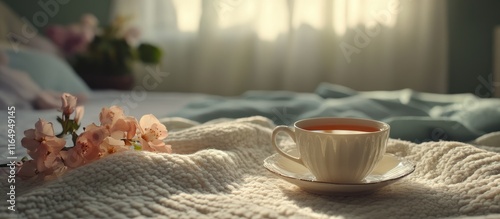 Cozy cup of tea on soft blankets in a serene bedroom atmosphere ideal for morning relaxation and comfort photo