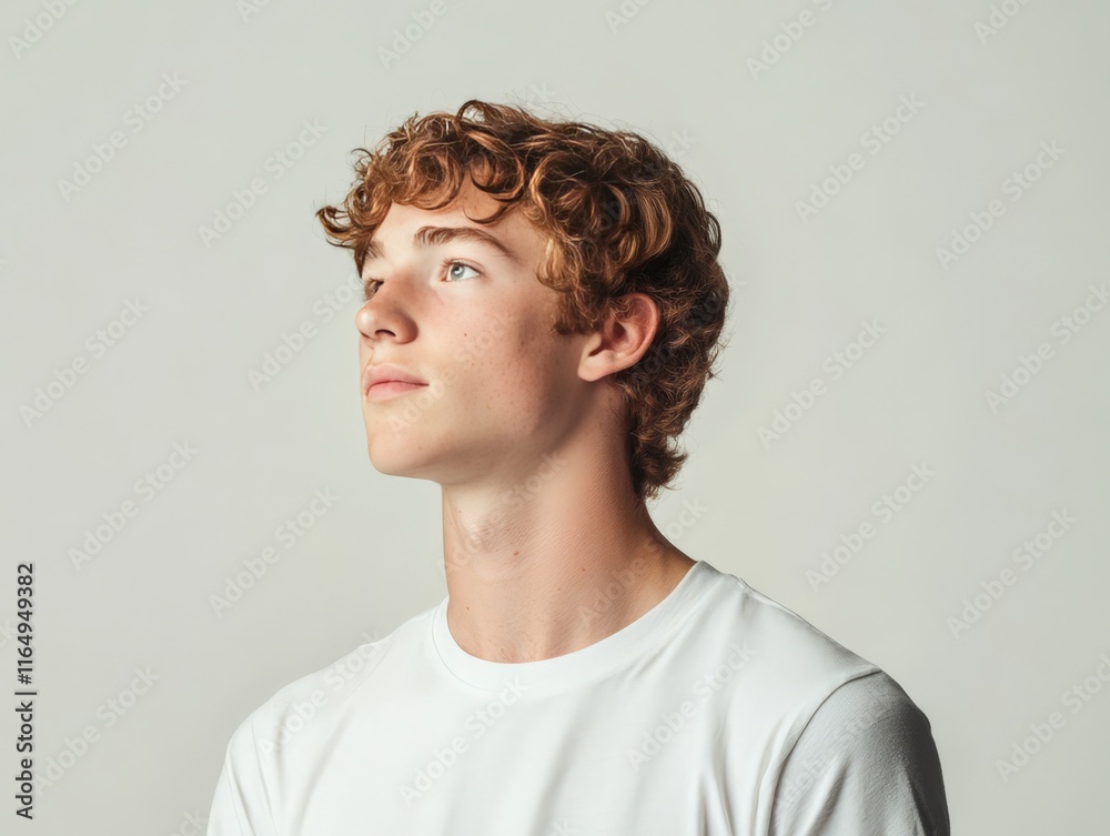 Obraz premium A young man with curly hair gazes upward, conveying a sense of contemplation and curiosity.