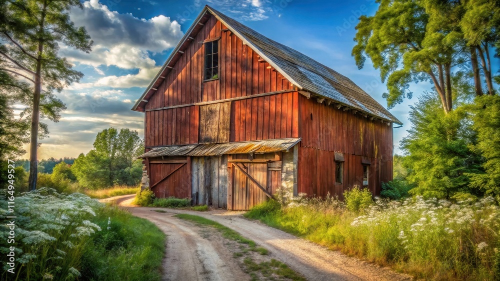 Rustic Red Barn on a Country Lane, Bathed in Golden Sunlight, Surrounded by Lush Greenery and Wildflowers, Evoking a Sense of Tranquility and Rural Charm Rustic Red Barn on a Country Lane, Bathed in Golden Sunlight, Surrounded by Lush Greenery and Wildflowers, Evoking a Sense of Tranquility and Rural Charm