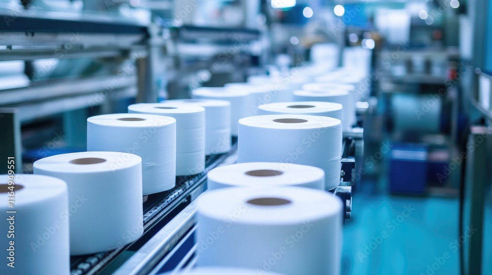 Automated Production Line of Toilet Paper Rolls on Conveyor Belt in Modern Factory Setting Automated Production Line of Toilet Paper Rolls on Conveyor Belt in Modern Factory Setting