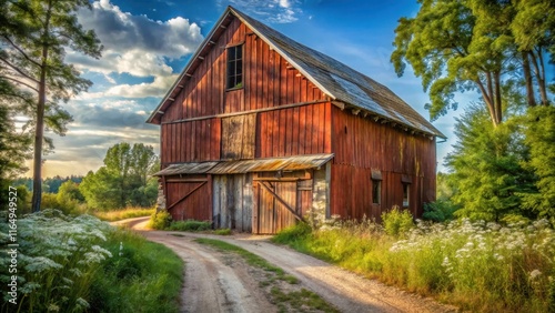 Rustic Red Barn on a Country Lane, Bathed in Golden Sunlight, Surrounded by Lush Greenery and Wildflowers, Evoking a Sense of Tranquility and Rural Charm