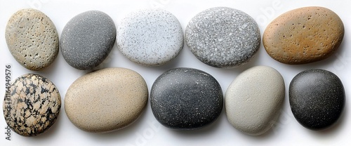 Ten smooth, colorful stones arranged in two rows on a white background.