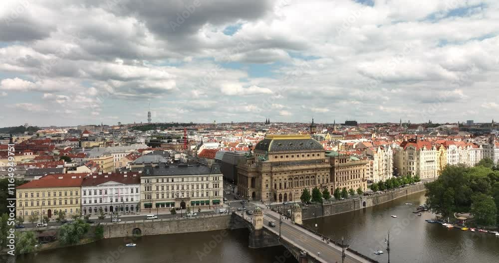 Panorama of Prague, aerial of the city, view from above on the cityscape of Prague. Flight over the Prague, old town, Castle and Vltava River, Czech Republic. Panorama of Prague, aerial of the city, view from above on the cityscape of Prague. Flight over the Prague, old town, Castle and Vltava River, Czech Republic.