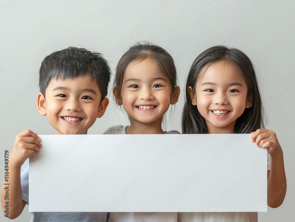 Three smiling children holding a blank sign, ready for a message or photo opportunity. Three smiling children holding a blank sign, ready for a message or photo opportunity.