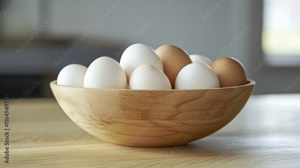 Fresh Organic Eggs Arranged in a Wooden Bowl on a Kitchen Counter with Natural Light Highlights Fresh Organic Eggs Arranged in a Wooden Bowl on a Kitchen Counter with Natural Light Highlights