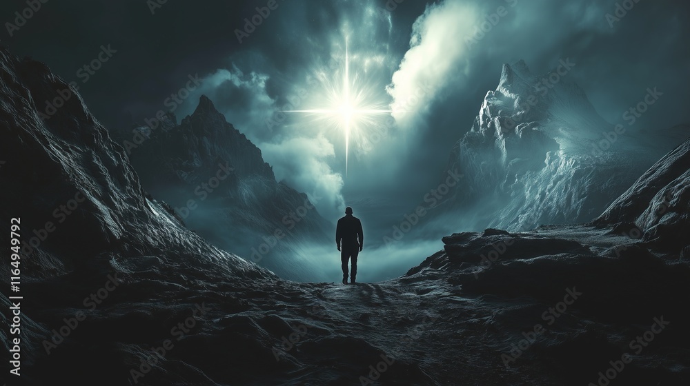 Fototapeta premium A man trusting in God as he makes his way across a pitch-black valley toward the celestial light