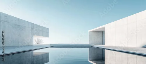 Panel kuchenny z motywem Abstract modern architecture with concrete structures and reflective pool under a clear sky showcasing minimalist design aesthetics