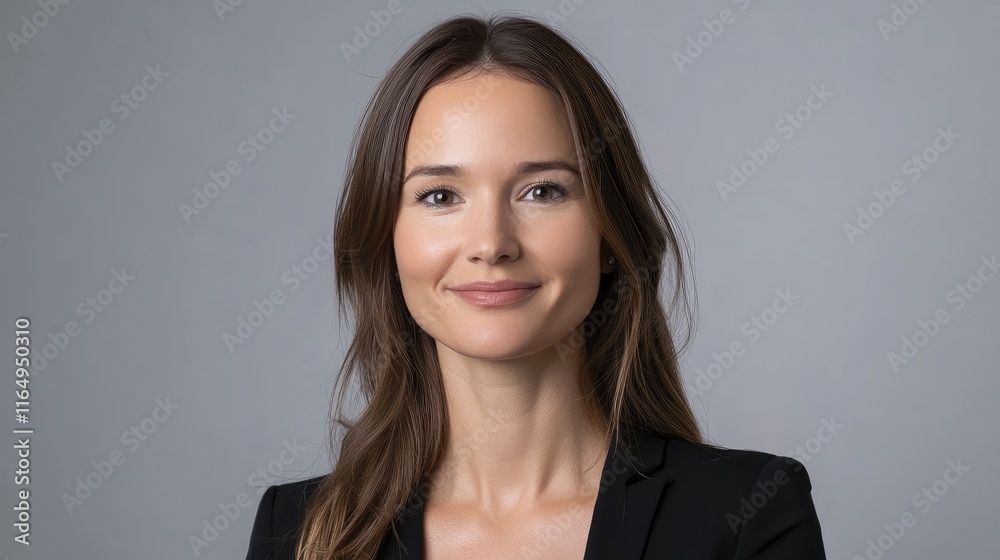 Professional woman smiling in a suit against a neutral background Professional woman smiling in a suit against a neutral background