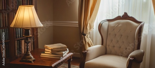 Cozy living room interior with a comfortable armchair elegant lamp and neatly arranged books on a wooden table by a warm window