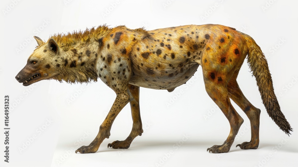 A detailed depiction of a hyena, showcasing its unique features and anatomy. A detailed depiction of a hyena, showcasing its unique features and anatomy.