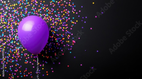 Violet balloon on black background surrounded by vibrant confetti with space for text ideal for decoration and celebration themes photo