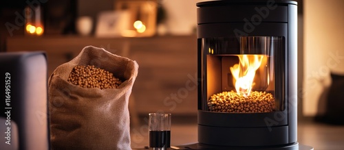 Modern black pellet stove with dancing flames and a bag of pellets, creating a warm and inviting atmosphere in a cozy home setting.