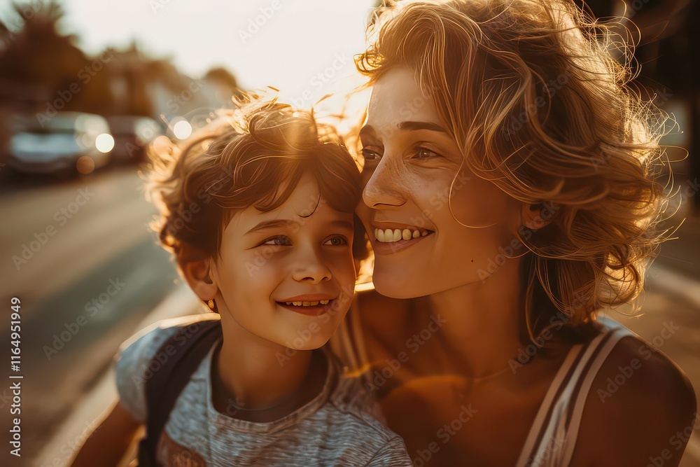 Mother and Son Enjoying a Golden Hour Walk Together Mother and Son Enjoying a Golden Hour Walk Together