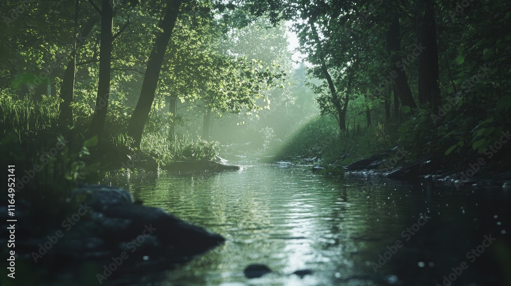 Fototapeta premium Tranquil creek flowing through a lush forest illuminated by soft sunlight creating a serene natural landscape scene