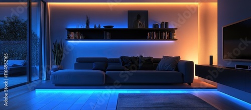 Stylish night-lit living room showcasing a modern sofa and shelving unit with ambient lighting creating a cozy atmosphere