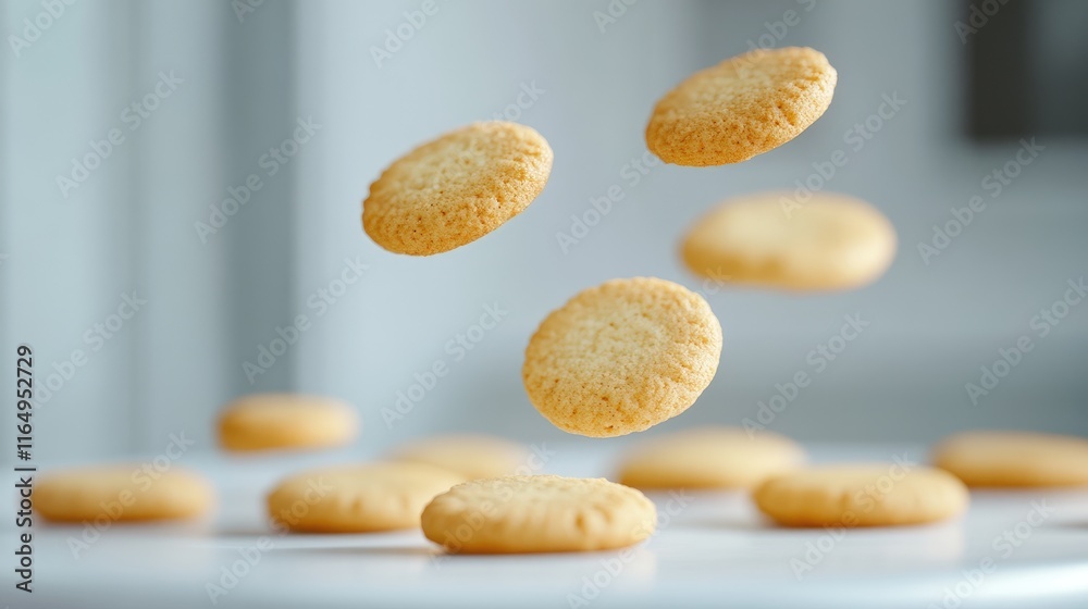 Obraz premium Floating cookies on a white table creating a dynamic and playful composition with ample empty space for creative design applications