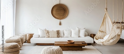 Scandinavian inspired cozy white living room with natural decor featuring a relaxing atmosphere and inviting design elements photo