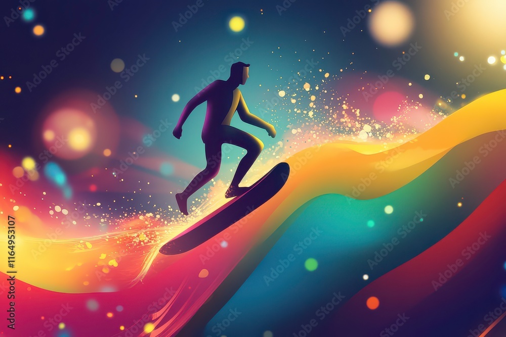 Naklejka premium Playful Businessman Surfing on a Colorful Graph