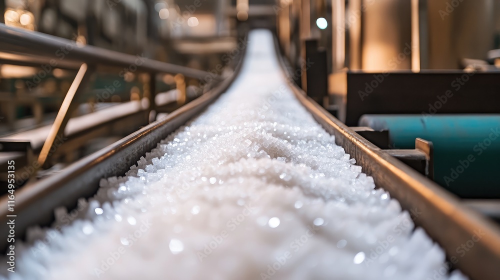 Conveyor Belt Transporting Sugar Cubes at Production Facility with White Crystals Close-Up