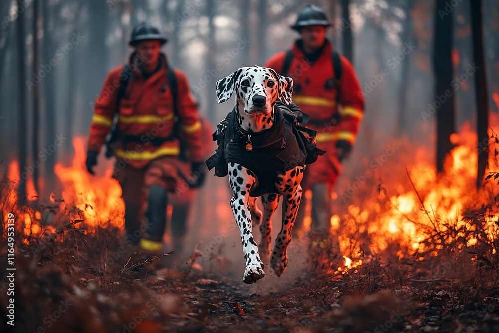 Dalmatian firefighter dog runs through wildfire with crew. Dalmatian firefighter dog runs through wildfire with crew.