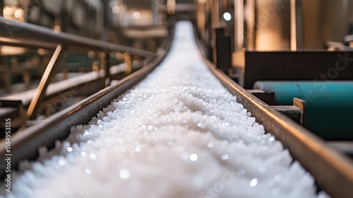Obraz na płótnie Conveyor Belt Transporting Sugar Cubes at Production Facility with White Crystals Close-Up w salonie