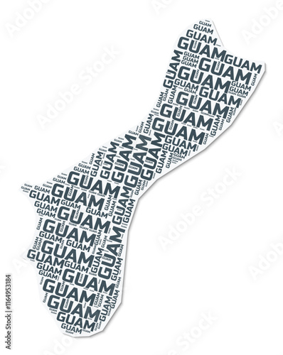 Guam shape text cloud. Country border with shadow on white background. Guam with regions division in vintage gazette style. Trending vector illustration.