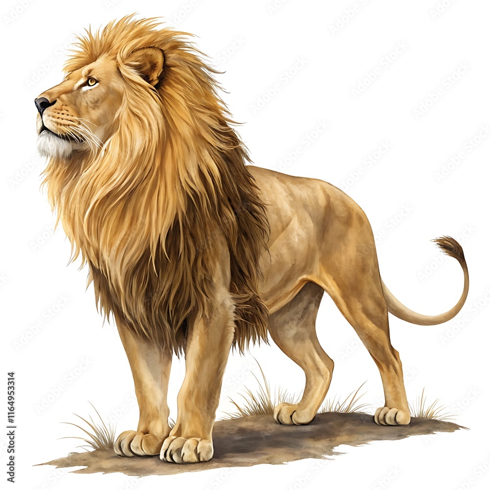 Obraz premium A majestic lion with a flowing golden mane, standing proudly with one paw slightly raised, against a transparent background. Its piercing eyes and muscular build emphasize its regal nature.ai generat