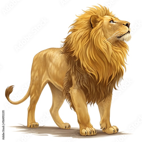  A majestic lion with a flowing golden mane, standing proudly with one paw slightly raised, against a transparent background. Its piercing eyes and muscular build emphasize its regal nature.ai generat photo