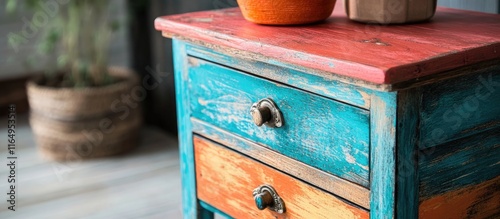 Colorful vintage wooden furniture with chalk painted drawers enhancing modern home decor and rustic style interiors photo