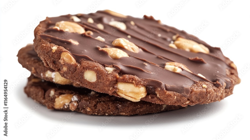 Delicious Chocolate Drizzled Cookie with Nuts Close Up on a White Background Delicious Chocolate Drizzled Cookie with Nuts Close Up on a White Background