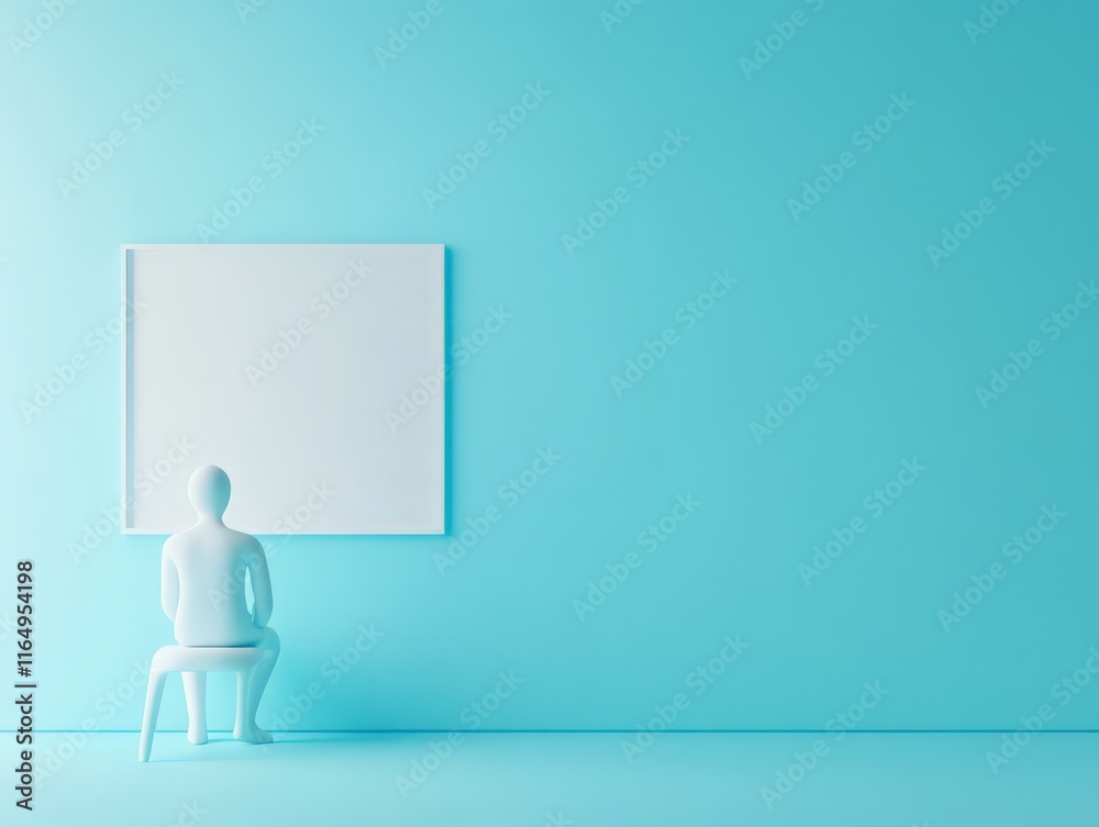 A minimalist scene featuring a figure sitting in front of a blank canvas on a turquoise background. A minimalist scene featuring a figure sitting in front of a blank canvas on a turquoise background.