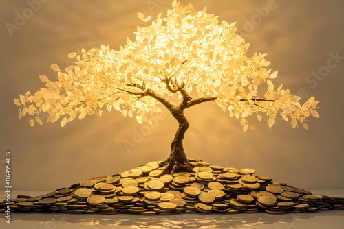 Serene Conceptual Tree Growing from Pile of Coins