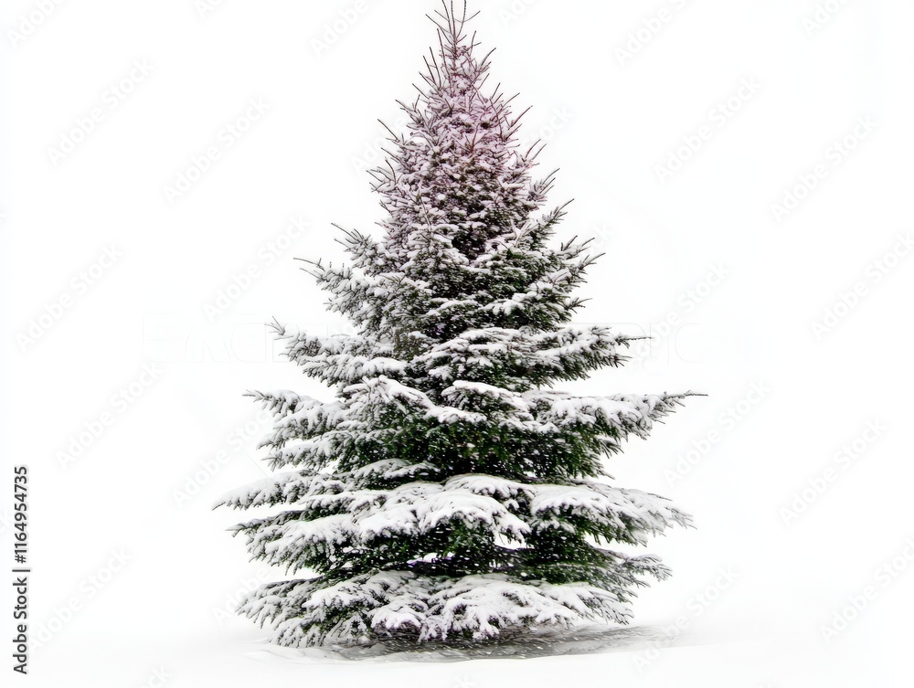 A snow-covered evergreen tree set against a white background, evoking winter and holiday themes. A snow-covered evergreen tree set against a white background, evoking winter and holiday themes.