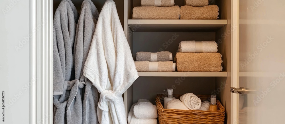 Fototapeta premium Cozy bathrobes and neatly folded towels arranged in an open closet creating a comfortable and inviting home atmosphere