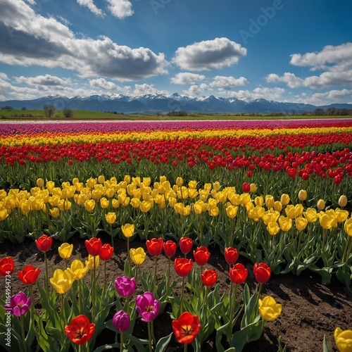 Create a vibrant and expansive scene of a tulip flower field in full bloom during spring. 