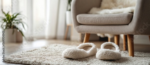 Cozy soft slippers beside a warm armchair in a welcoming living room with natural light and inviting decor