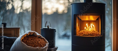 Modern black pellet stove with flickering flames and open bag of pellets creating a warm and inviting home heating atmosphere.