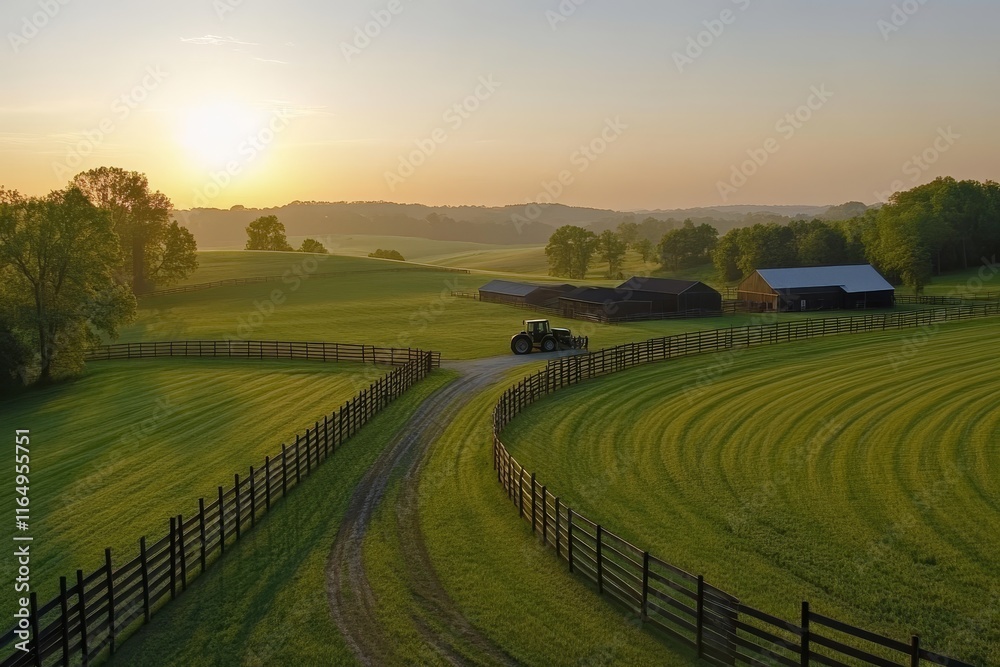 Fototapeta premium Sunrise over tranquil farm fields, tractor on dirt road.