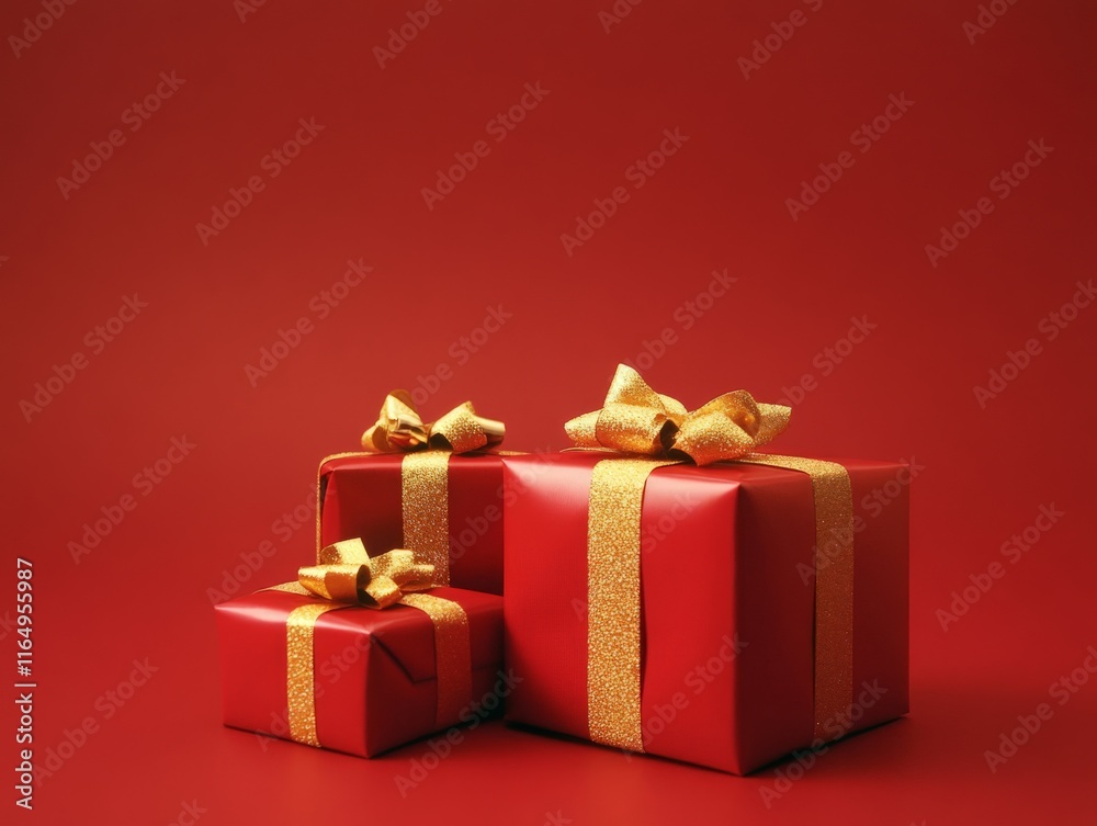 Obraz premium Three red gift boxes with golden ribbons on a red background, perfect for celebrations.