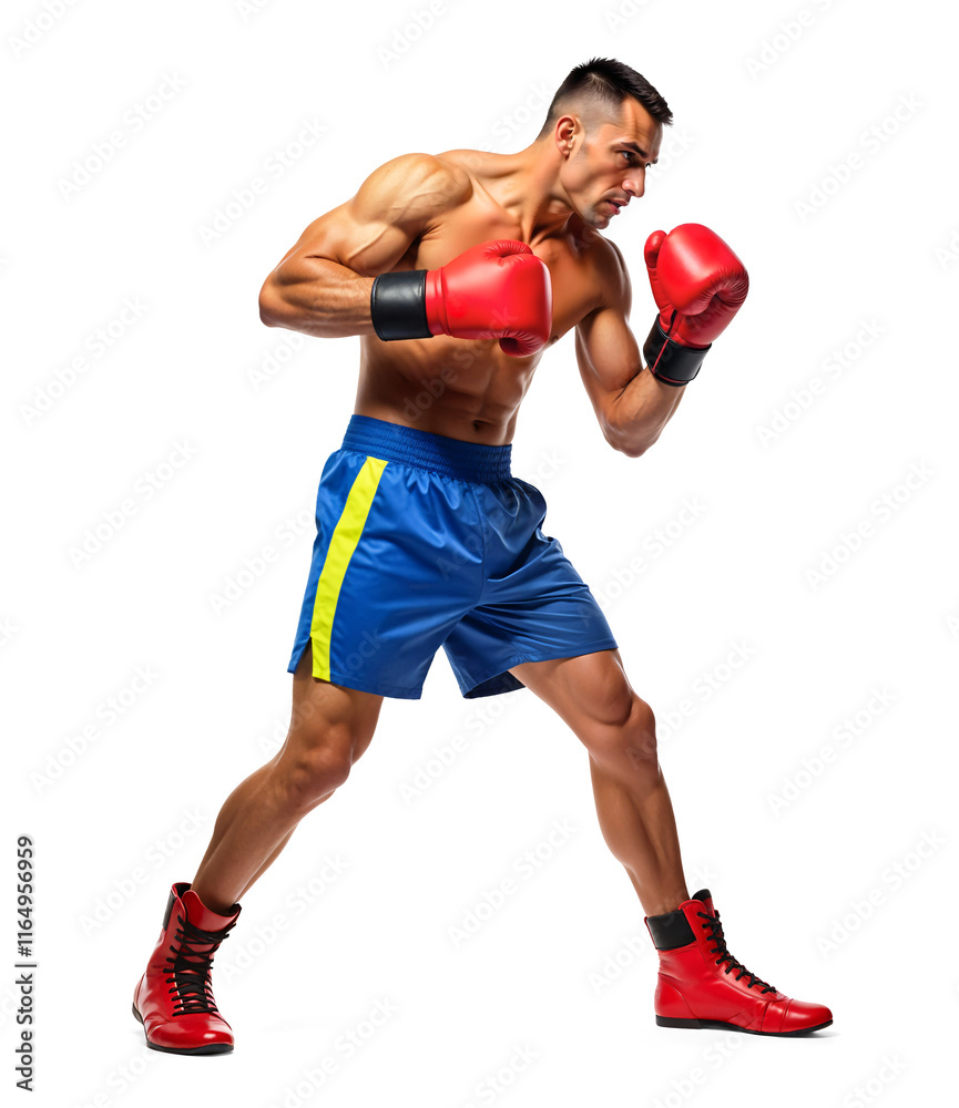 Pro boxer standing in a fighting stance. side view full body isolated Pro boxer standing in a fighting stance. side view full body isolated