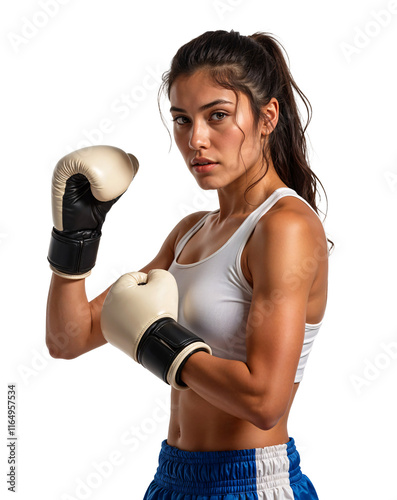 Obraz na płótnie South East Asian woman in white boxing gloves, posing with confidence w salonie