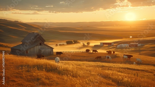 Golden sunrise over a rural landscape with cattle grazing near a rustic barn and farm buildings in a misty field. photo