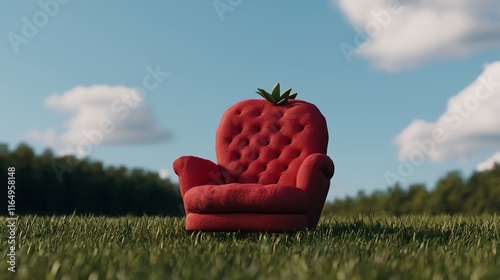 A whimsical red couch resembling a strawberry sits in a lush field under a blue sky, blending furniture design with playful imagination.