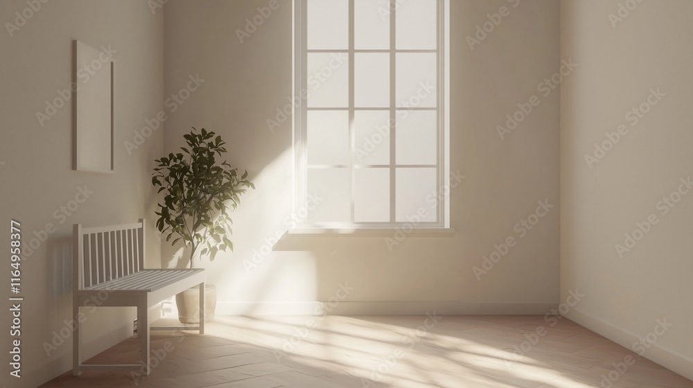 Minimalist room with sunlight, bench, plant, and frame. Minimalist room with sunlight, bench, plant, and frame.