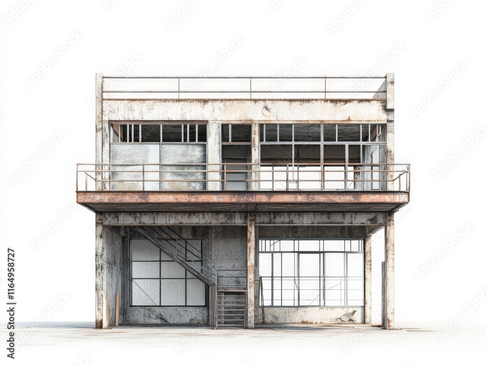 A weathered, two-story industrial building with large windows and a staircase. A weathered, two-story industrial building with large windows and a staircase.