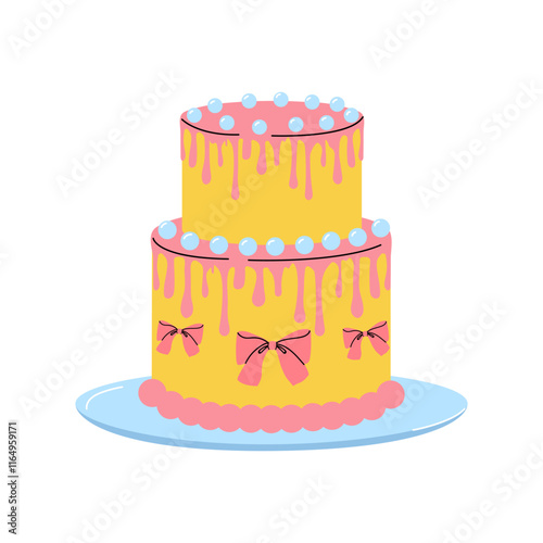 Colorful two-tier cake with icing and decorative bows on a blue plate