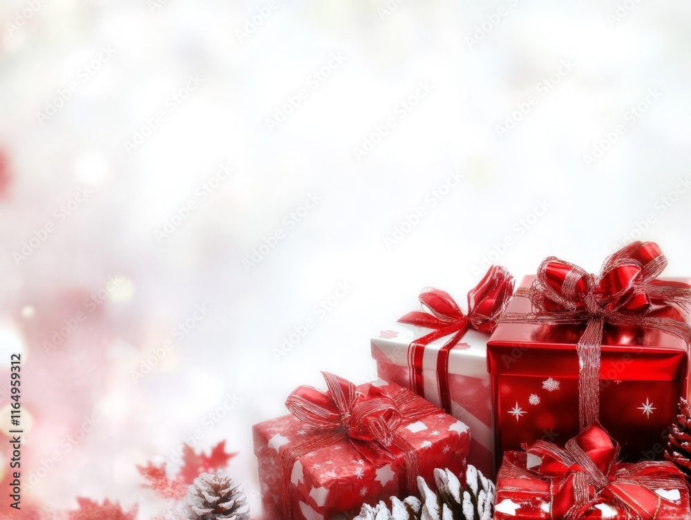 A festive arrangement of red Christmas gifts with decorative ribbons and pinecones. A festive arrangement of red Christmas gifts with decorative ribbons and pinecones.