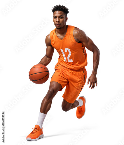 Black male basketball player in orange jersey with number 12 handling a ball, isolated photo