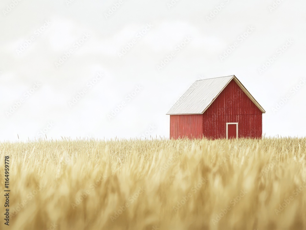 A solitary red barn stands in a golden field under a soft sky. A solitary red barn stands in a golden field under a soft sky.