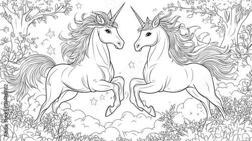 Unicorns Gallop Gracefully, Magical Fantasy Coloring Page